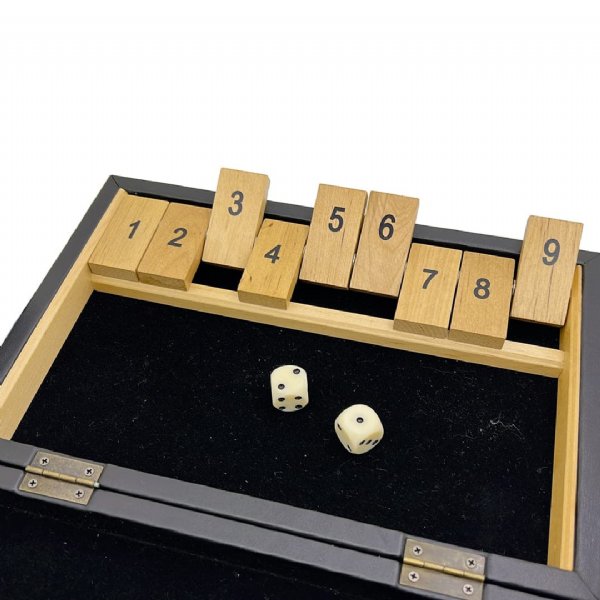 Shut The Box Wooden Board Dice Game with 9 Numbers Flip Tiles in leather case